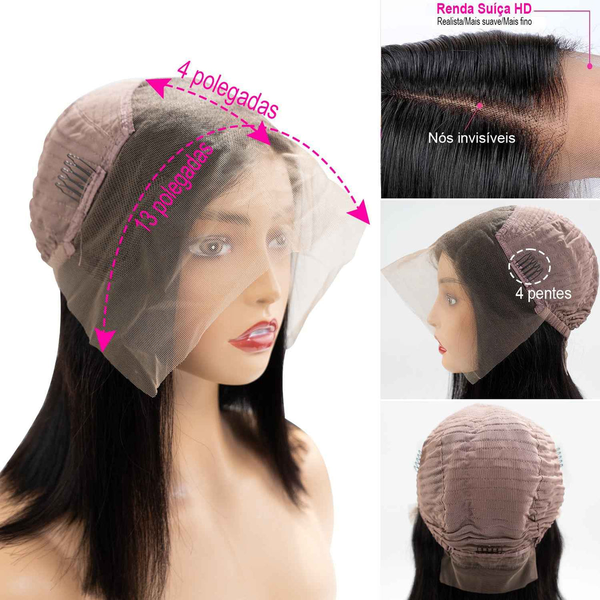 Nova Peruca Estilo Short Bob Lace Front 13x4 Densidade de 200% Cabelo Humano Liso